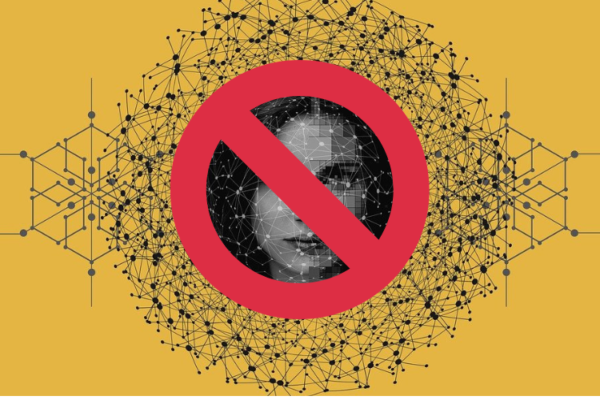 A facial recognition algorithm with a lady’s face and a prohibition sign
