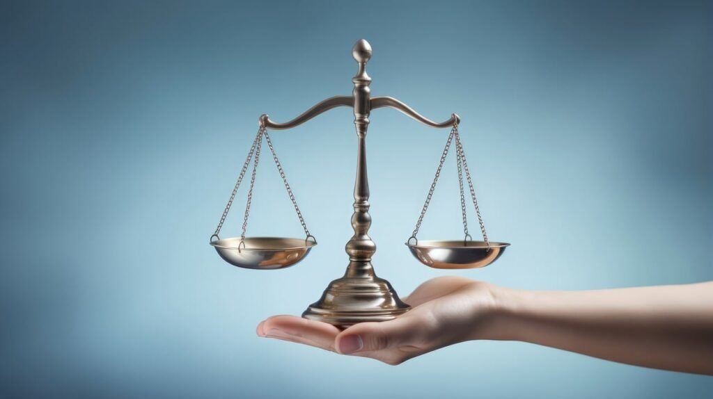 Hand holding the justice scale with a Greyish blue background