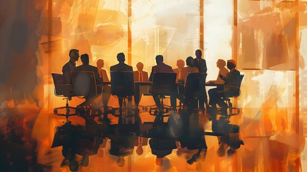 Team of employees sitting in a conference room