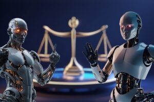 AI robots standing infront of a justice weighing scale with a blue background