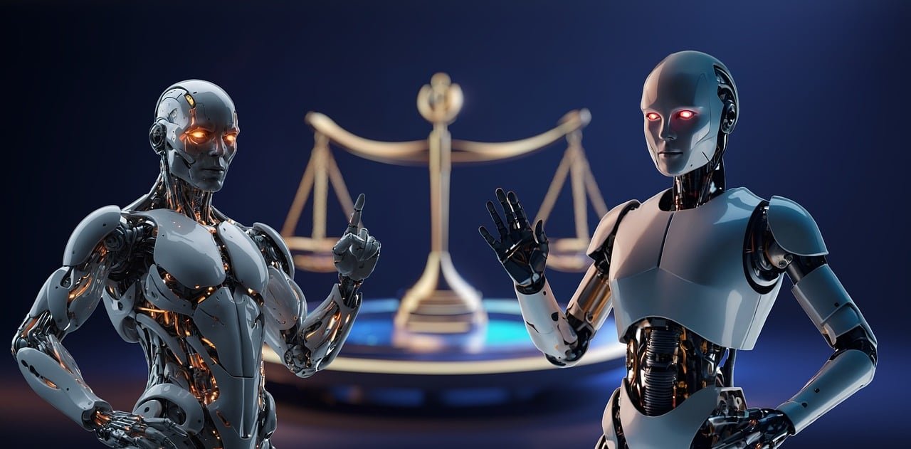 AI robots standing infront of a justice weighing scale with a blue background