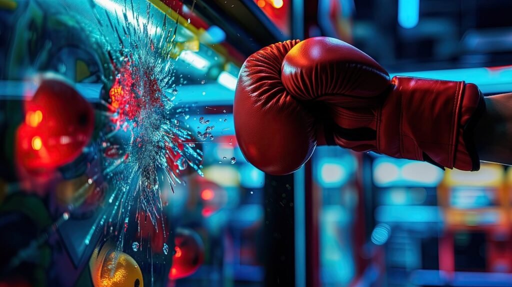 A hand wearing a boxing glove punches a fruit splashed over a glass wall