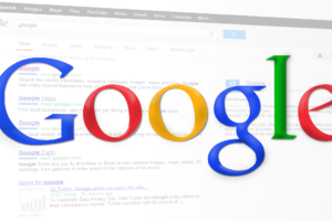 Google logo with Google search results in the background