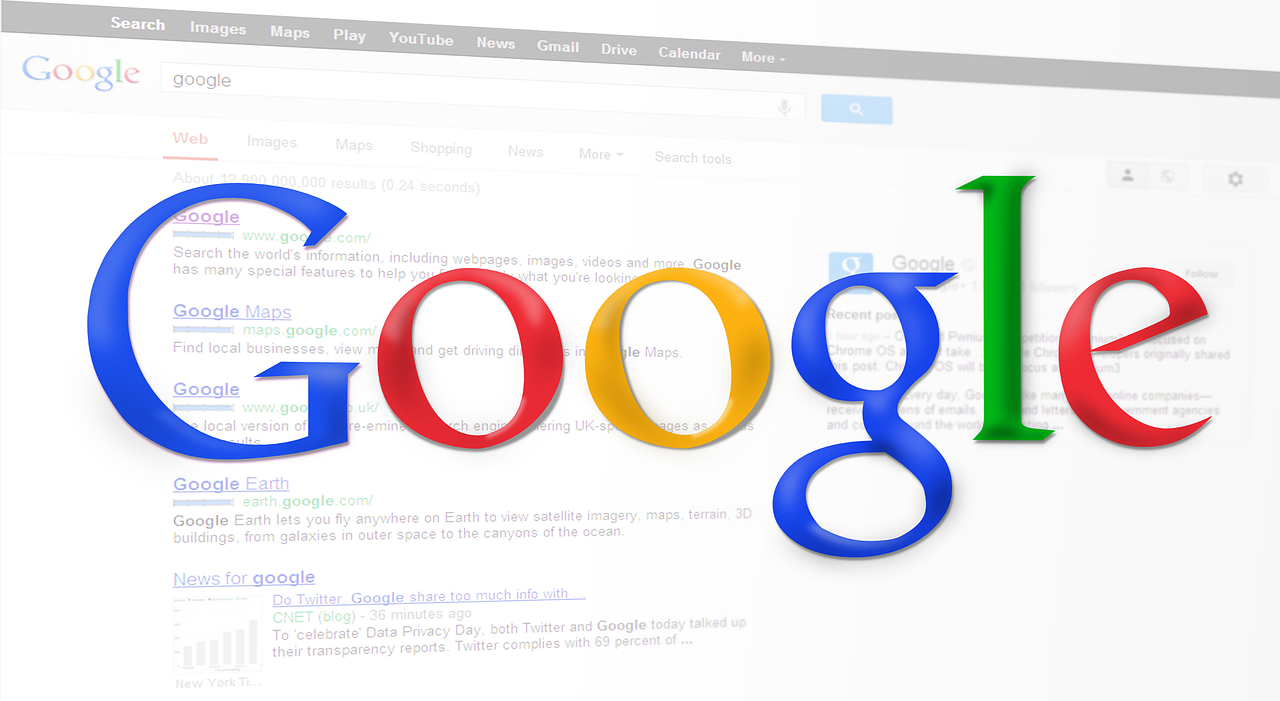 Google logo with Google search results in the background