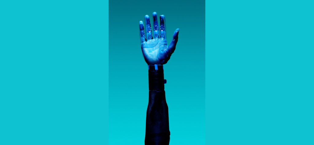 Robotic bionic arm with a blue background