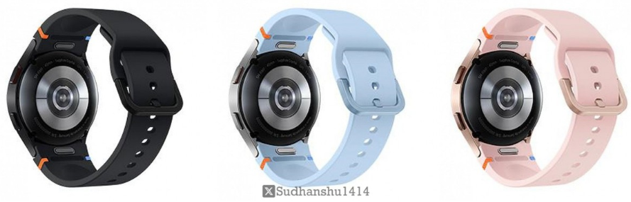 Samsung Galaxy Watch FE in black, light blue, and pink colors (back view)