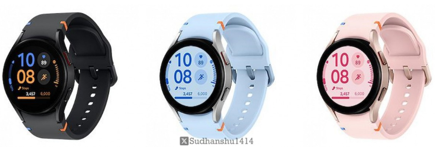 Samsung Galaxy Watch FE in black, light blue, and pink colours(front view)