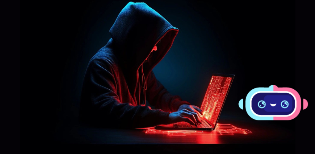 A hacker with a laptop. To the sideis a Jerkmate Logo