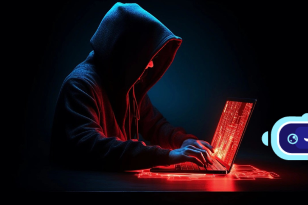 A hacker with a laptop. To the sideis a Jerkmate Logo